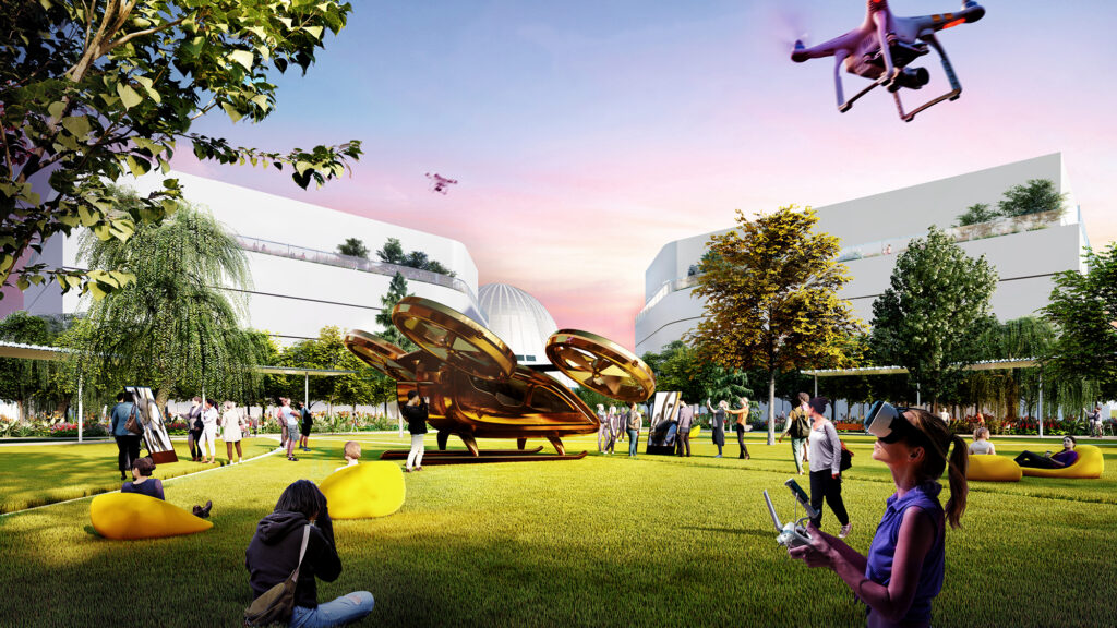 An artist's rendering of a grassy lawn at the planned Berkeley Space Center, an innovation hub where drone research would thrive.